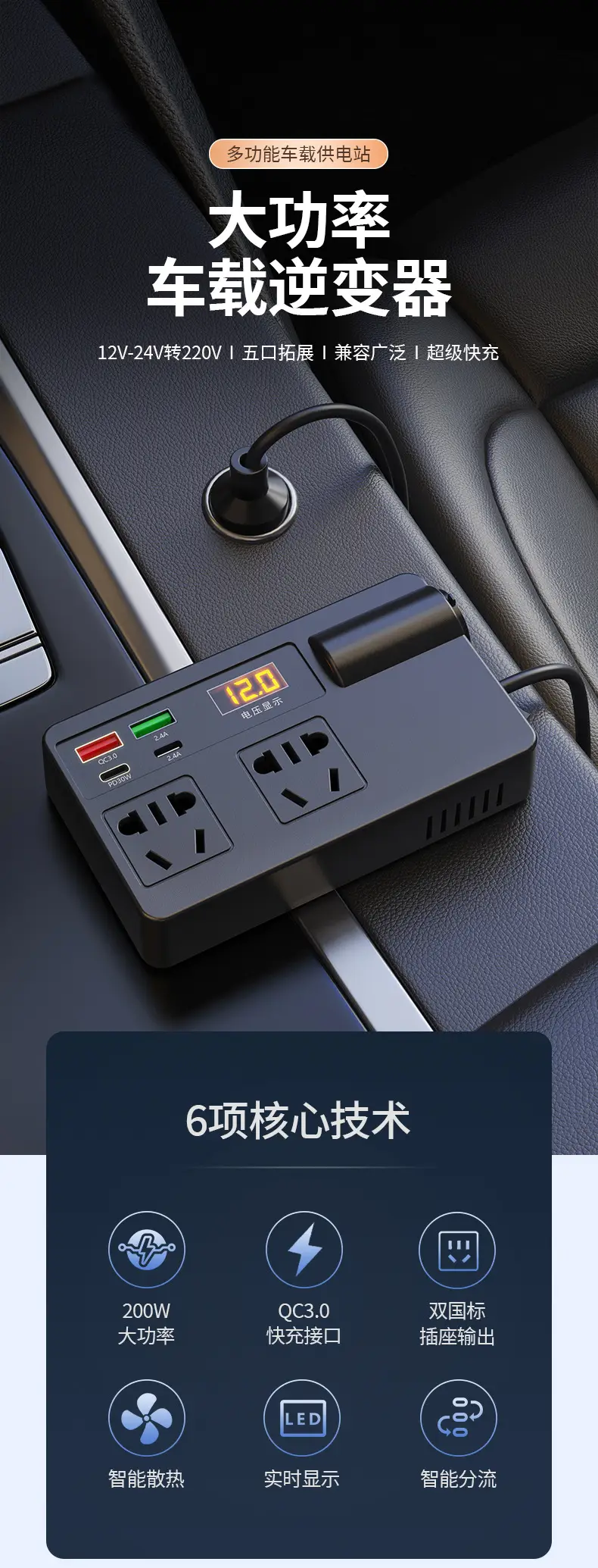 Universal Car Inverter 12V 24V 110V 220V Charger — feature 2