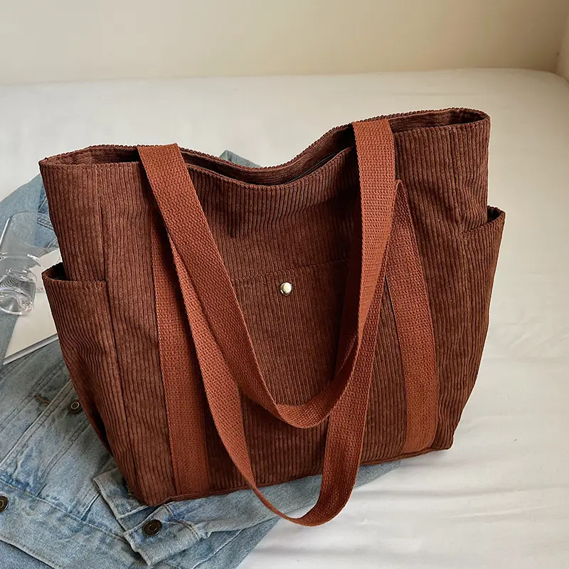 Large Capacity Corduroy Shoulder Bag Brown 2024 - Image 4