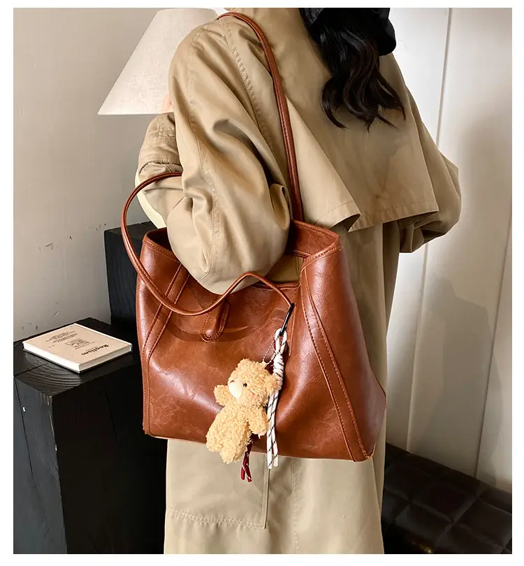 Women's Brown Embossed Tote Bag Large Capacity Shoulder Handbag — feature 1