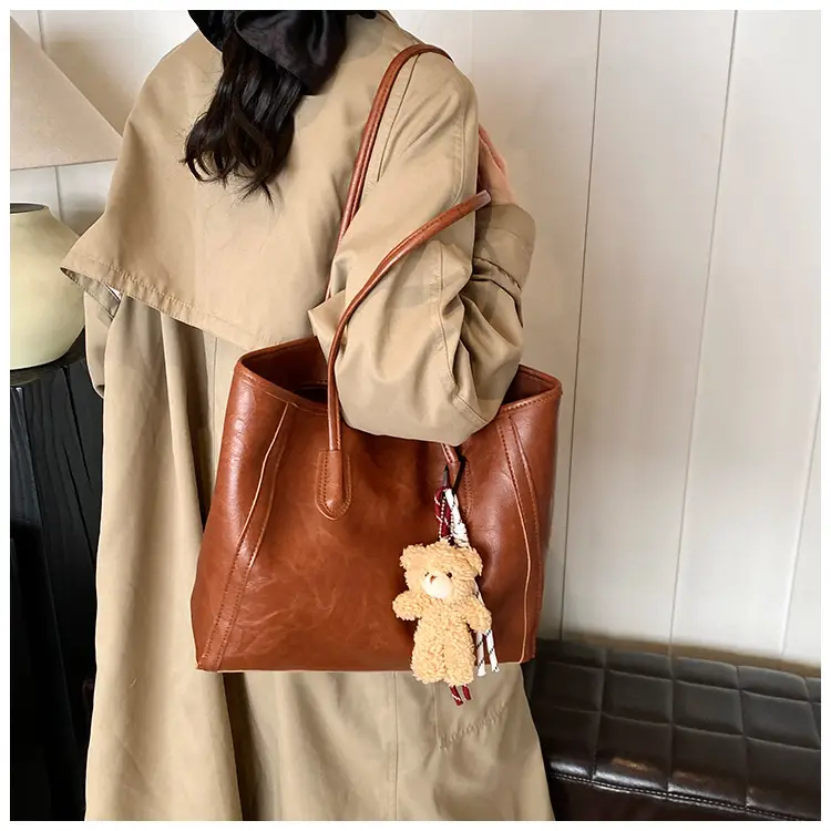 Women's Brown Embossed Tote Bag Large Capacity Shoulder Handbag — feature 15