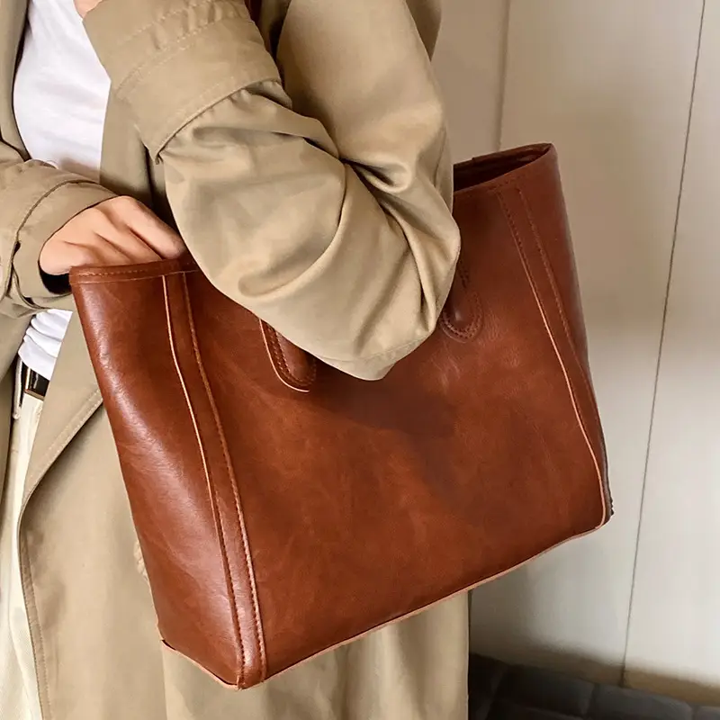 Women's Brown Embossed Tote Bag Large Capacity Shoulder Handbag - Image 6