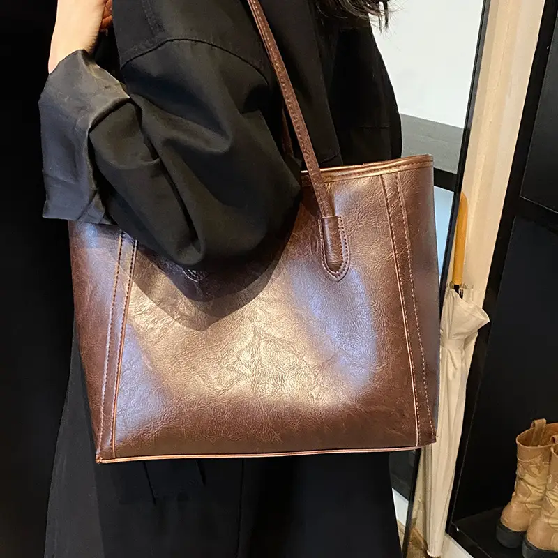 Women's Brown Embossed Tote Bag Large Capacity Shoulder Handbag - Image 7