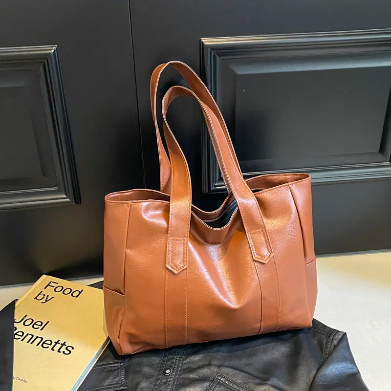 Retro Leather Tote Bag Brown Large Capacity - Image 6