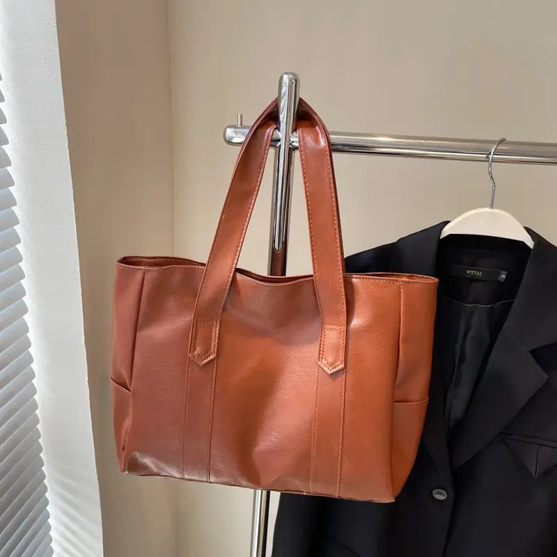 Retro Leather Tote Bag Brown Large Capacity - Image 7