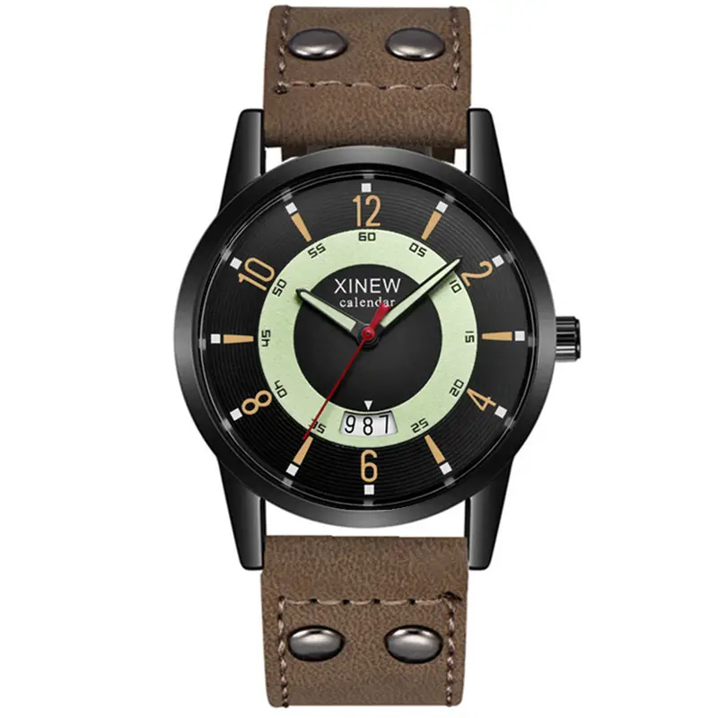 Men's Brown Leather Calendar Quartz Watch - Image 5