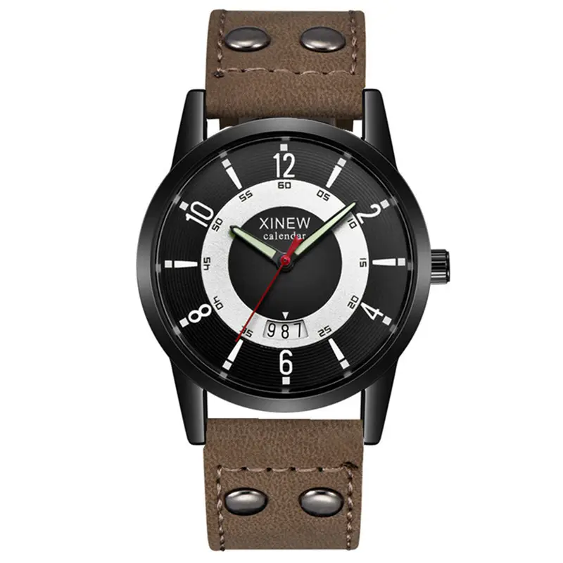 Men's Brown Leather Calendar Quartz Watch - Image 6