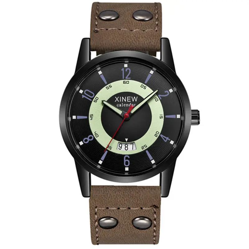Men's Brown Leather Calendar Quartz Watch - Image 7