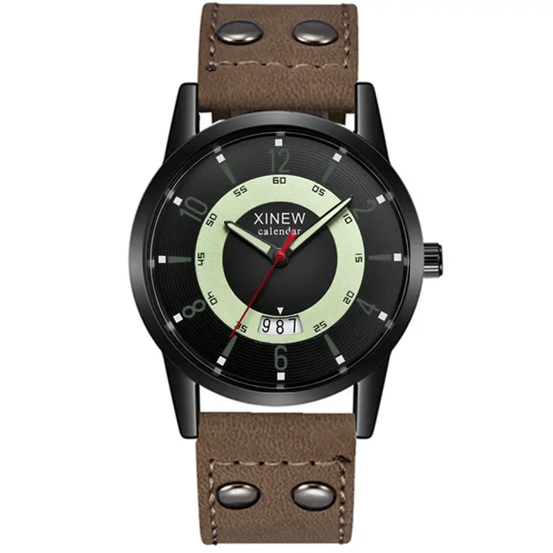 Men's Brown Leather Calendar Quartz Watch - Image 8