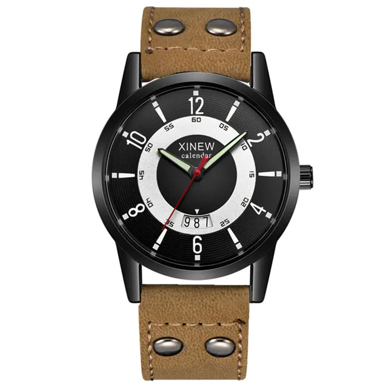 Men Xinew Green Leather Date Quartz Watch - Image 14