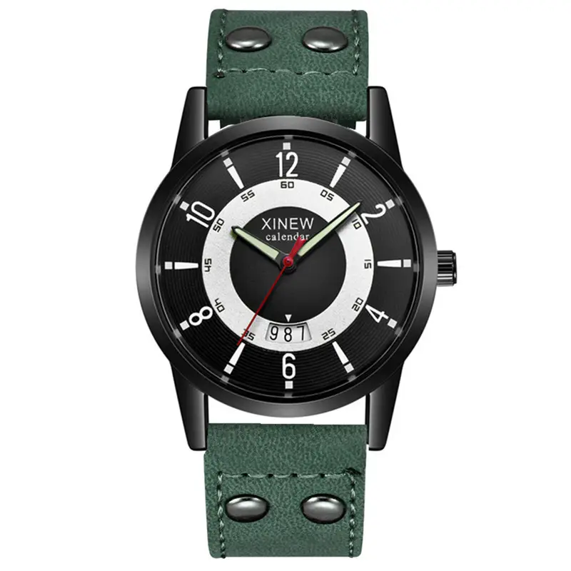 Men Xinew Green Leather Date Quartz Watch - Image 11