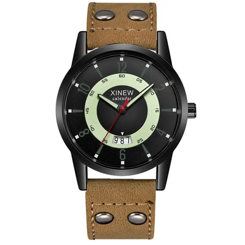 Men Xinew Green Leather Date Quartz Watch - Image 15
