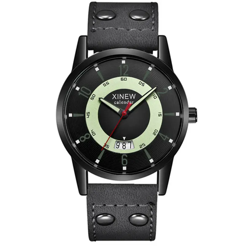 Men Xinew Green Leather Date Quartz Watch - Image 2