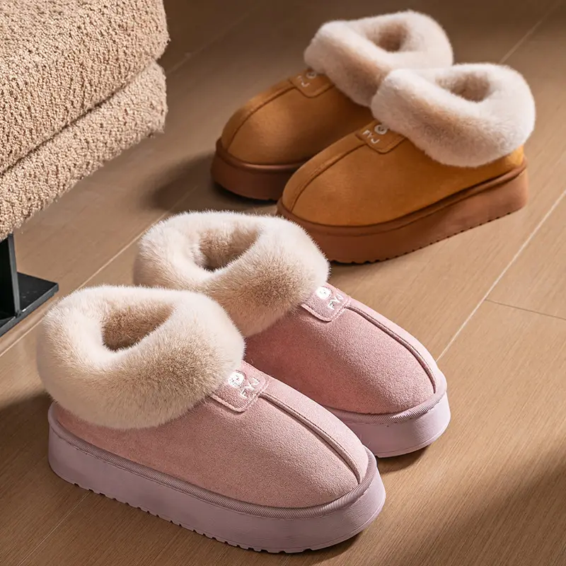 Cotton Slippers for Women in Winter, Simple, Can Be Worn Outside, Heel Snow Boots, Fleece-Lined, Thickeneded, Warm Furry Slippers, Couple Cotton Shoes
