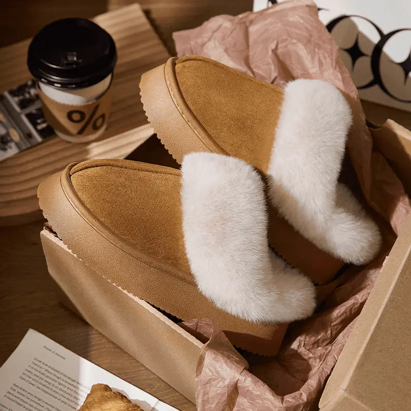 Cotton Slippers for Women in Winter, Simple, Can Be Worn Outside, Heel Snow Boots, Fleece-Lined, Thickeneded, Warm Furry Slippers, Couple Cotton Shoes