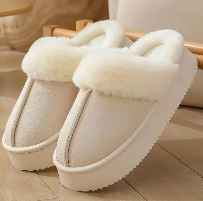 Cotton Slippers for Women in Winter, Simple, Can Be Worn Outside, Heel Snow Boots, Fleece-Lined, Thickeneded, Warm Furry Slippers, Couple Cotton Shoes
