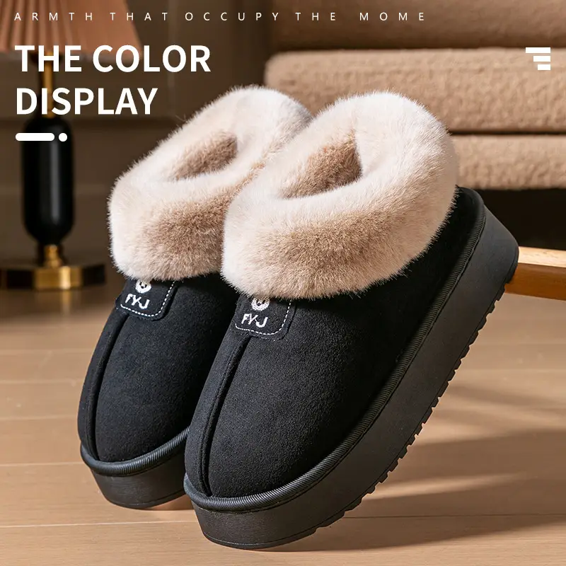 Cotton Slippers for Women in Winter, Simple, Can Be Worn Outside, Heel Snow Boots, Fleece-Lined, Thickeneded, Warm Furry Slippers, Couple Cotton Shoes