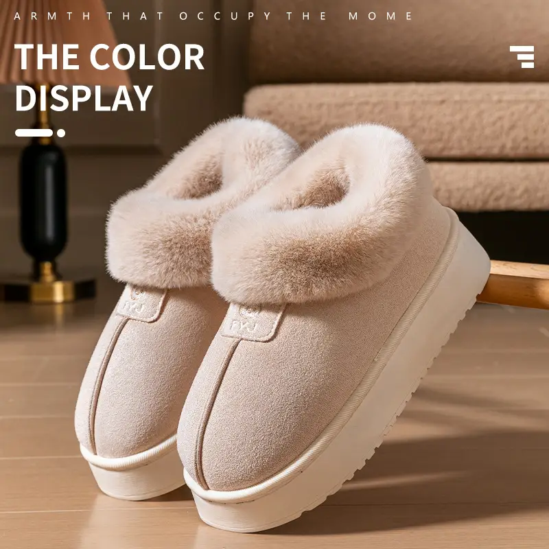 Cotton Slippers for Women in Winter, Simple, Can Be Worn Outside, Heel Snow Boots, Fleece-Lined, Thickeneded, Warm Furry Slippers, Couple Cotton Shoes