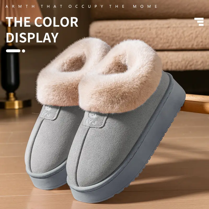Cotton Slippers for Women in Winter, Simple, Can Be Worn Outside, Heel Snow Boots, Fleece-Lined, Thickeneded, Warm Furry Slippers, Couple Cotton Shoes