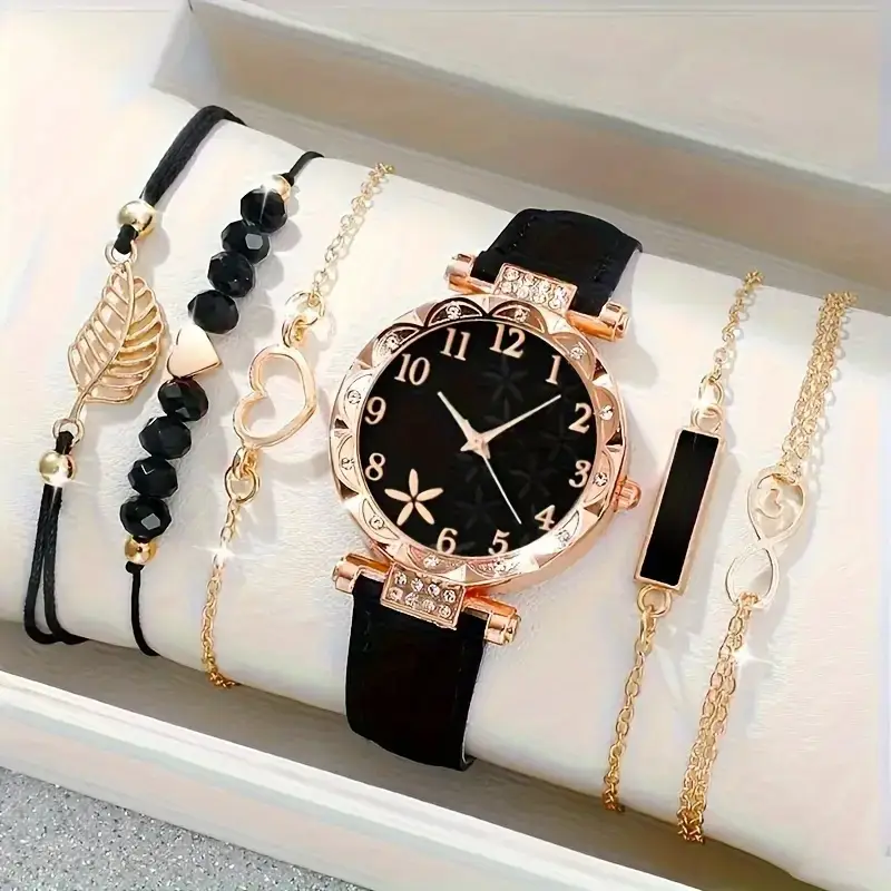 Popular Foreign Trade Item: Women's Diamond-Encrusted English-Style Watch Set, Fashionable and Versatile Student Leather Belt Bracelet 6-Piece Set