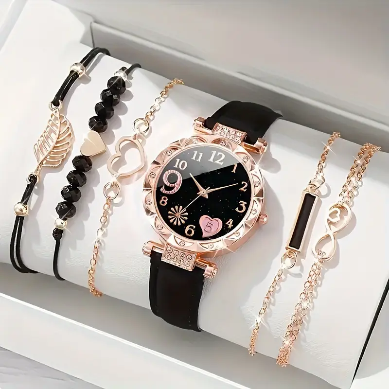 Popular Foreign Trade Item: Women's Diamond-Encrusted English-Style Watch Set, Fashionable and Versatile Student Leather Belt Bracelet 6-Piece Set — feature 1