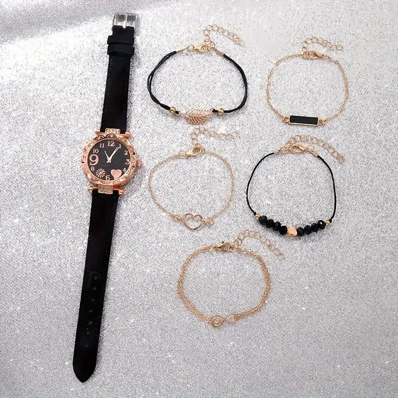 Popular Foreign Trade Item: Women's Diamond-Encrusted English-Style Watch Set, Fashionable and Versatile Student Leather Belt Bracelet 6-Piece Set — feature 4