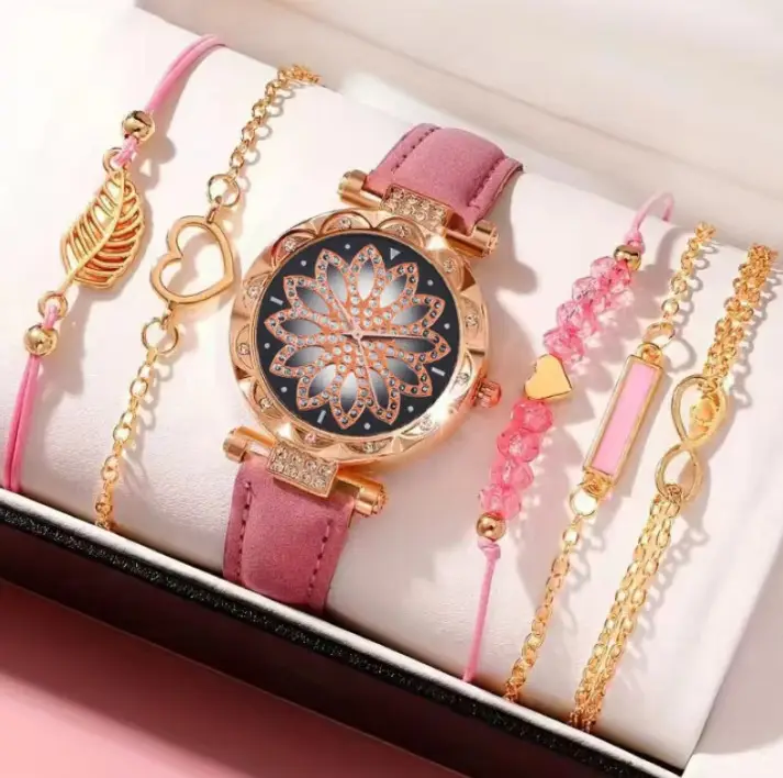 Popular Foreign Trade Item: Women's Diamond-Encrusted English-Style Watch Set, Fashionable and Versatile Student Leather Belt Bracelet 6-Piece Set
