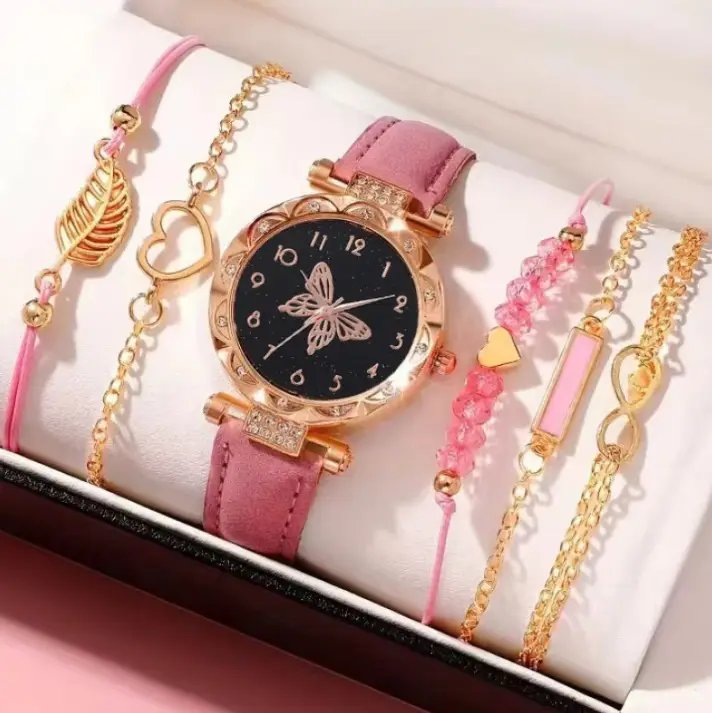 Popular Foreign Trade Item: Women's Diamond-Encrusted English-Style Watch Set, Fashionable and Versatile Student Leather Belt Bracelet 6-Piece Set
