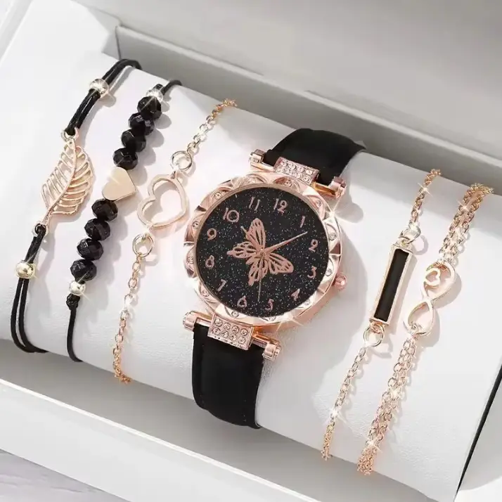 Popular Foreign Trade Item: Women's Diamond-Encrusted English-Style Watch Set, Fashionable and Versatile Student Leather Belt Bracelet 6-Piece Set