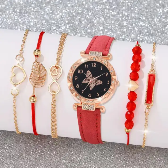 Popular Foreign Trade Item: Women's Diamond-Encrusted English-Style Watch Set, Fashionable and Versatile Student Leather Belt Bracelet 6-Piece Set