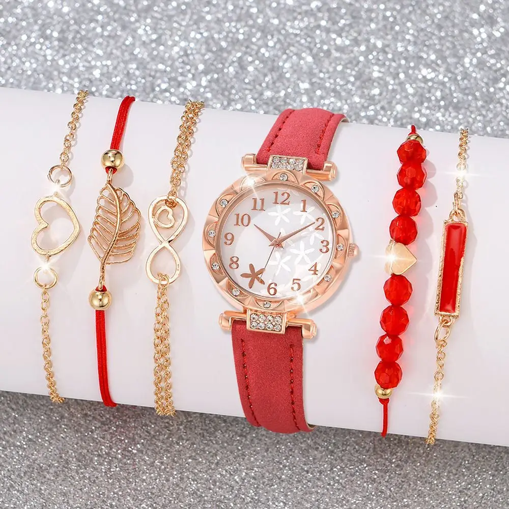 Popular Foreign Trade Item: Women's Diamond-Encrusted English-Style Watch Set, Fashionable and Versatile Student Leather Belt Bracelet 6-Piece Set