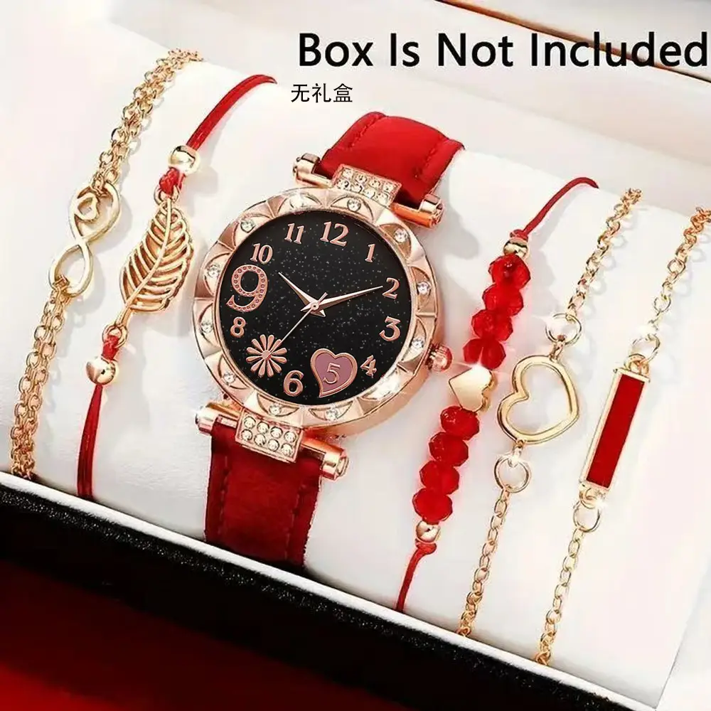 Popular Foreign Trade Item: Women's Diamond-Encrusted English-Style Watch Set, Fashionable and Versatile Student Leather Belt Bracelet 6-Piece Set