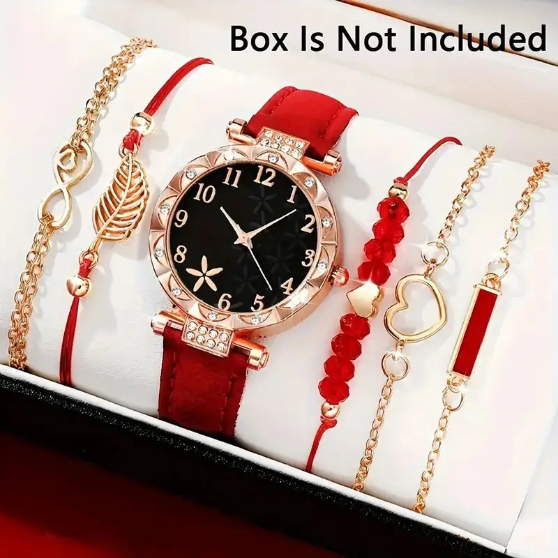 Popular Foreign Trade Item: Women's Diamond-Encrusted English-Style Watch Set, Fashionable and Versatile Student Leather Belt Bracelet 6-Piece Set