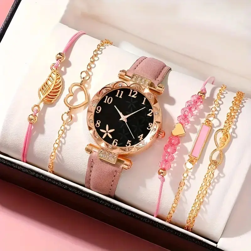 Popular Foreign Trade Item: Women's Diamond-Encrusted English-Style Watch Set, Fashionable and Versatile Student Leather Belt Bracelet 6-Piece Set