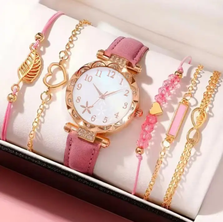 Popular Foreign Trade Item: Women's Diamond-Encrusted English-Style Watch Set, Fashionable and Versatile Student Leather Belt Bracelet 6-Piece Set