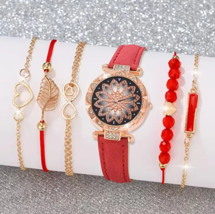 Popular Foreign Trade Item: Women's Diamond-Encrusted English-Style Watch Set, Fashionable and Versatile Student Leather Belt Bracelet 6-Piece Set