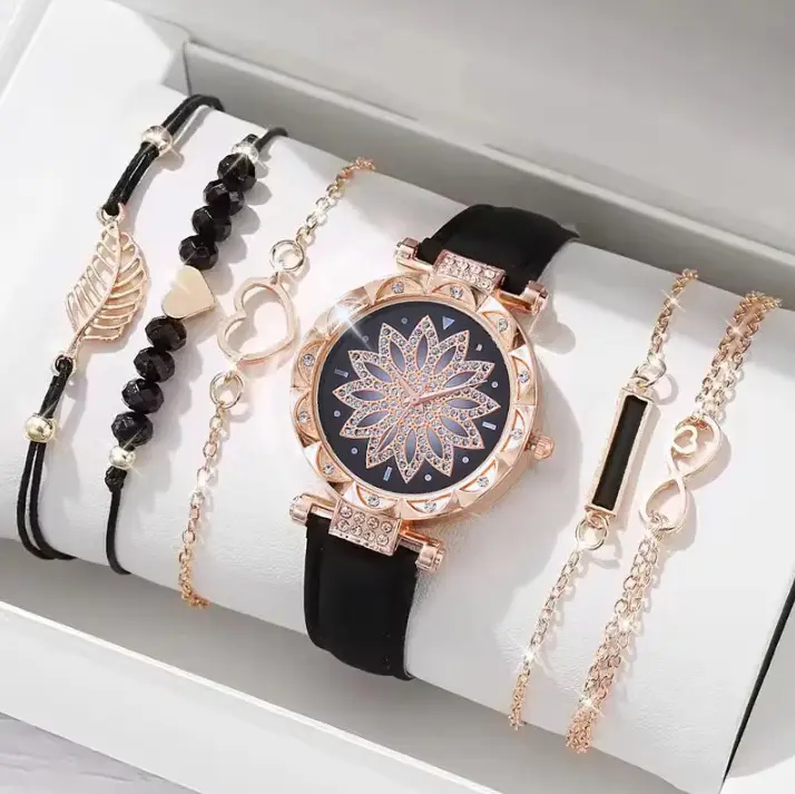 Popular Foreign Trade Item: Women's Diamond-Encrusted English-Style Watch Set, Fashionable and Versatile Student Leather Belt Bracelet 6-Piece Set