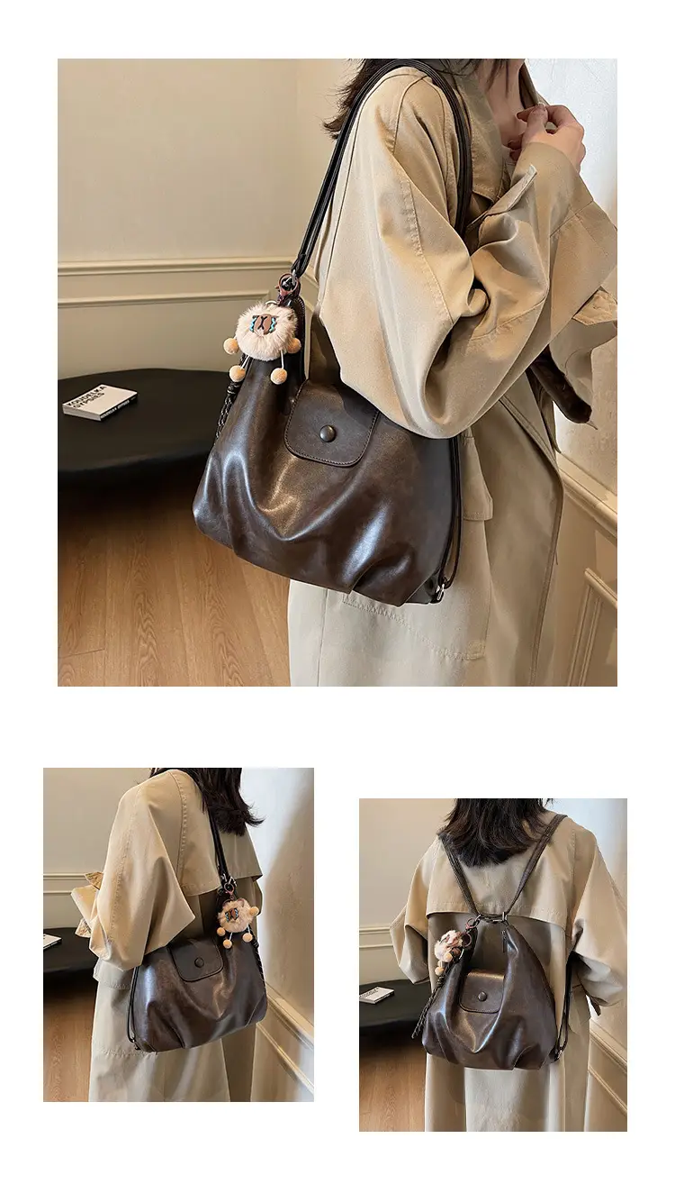 Women's Large Brown Leather Shoulder Bag with Pom Pom Charm — feature 10