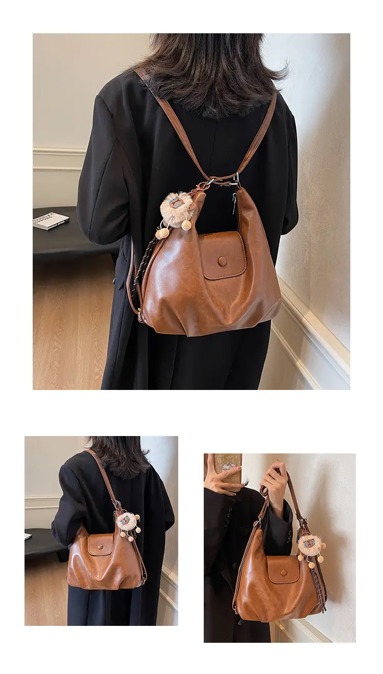 Women's Large Brown Leather Shoulder Bag with Pom Pom Charm — feature 11