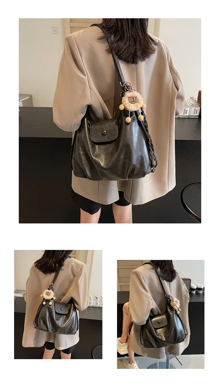 Women's Large Brown Leather Shoulder Bag with Pom Pom Charm — feature 12