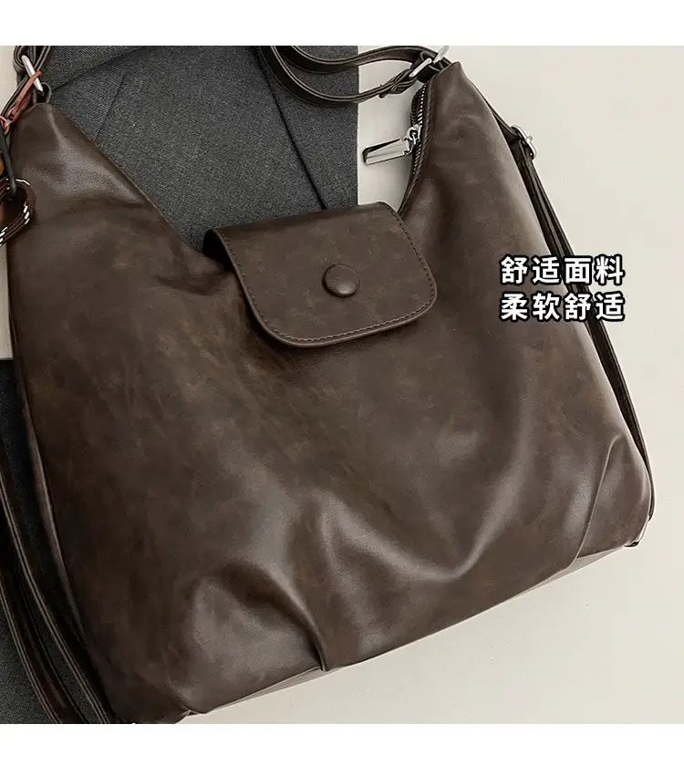 Women's Large Brown Leather Shoulder Bag with Pom Pom Charm — feature 4