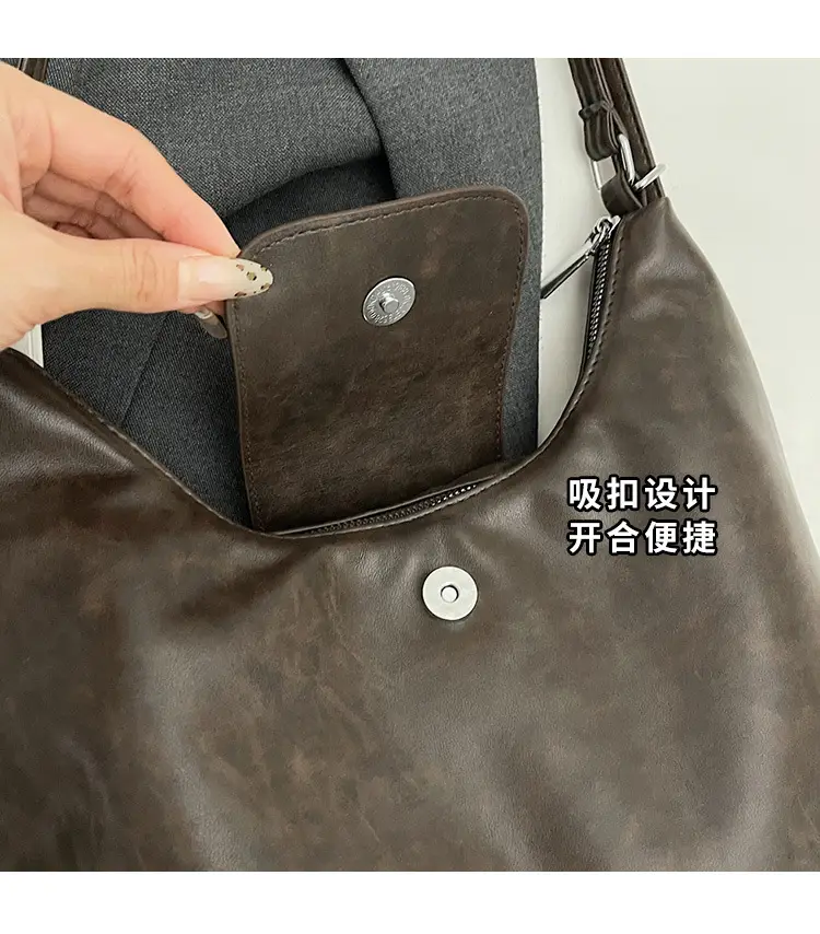 Women's Large Brown Leather Shoulder Bag with Pom Pom Charm — feature 6
