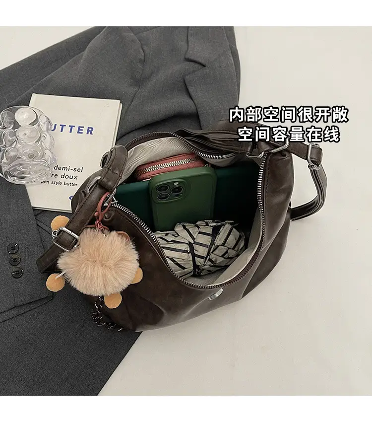 Women's Large Brown Leather Shoulder Bag with Pom Pom Charm — feature 8
