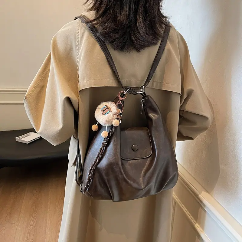 Women's Large Brown Leather Shoulder Bag with Pom Pom Charm - Image 2