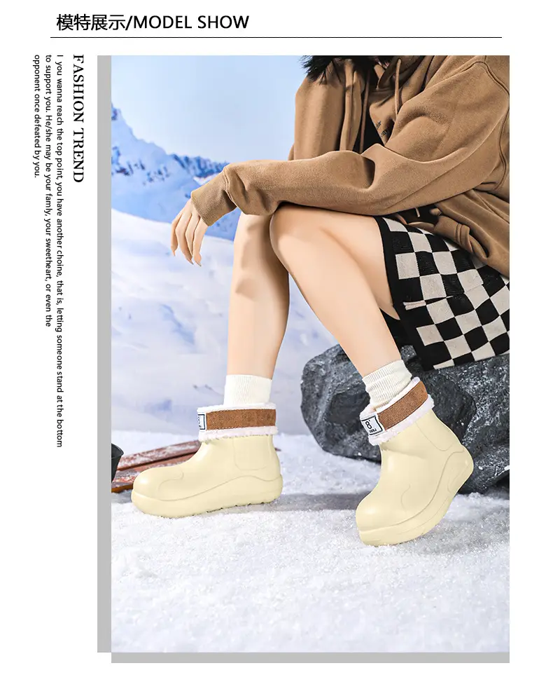 New cross-border women's all-match mid-barrel rain boots waterproof thick-soled rain shoes simple fleece-lined warm non-slip shoes work shoes — feature 11