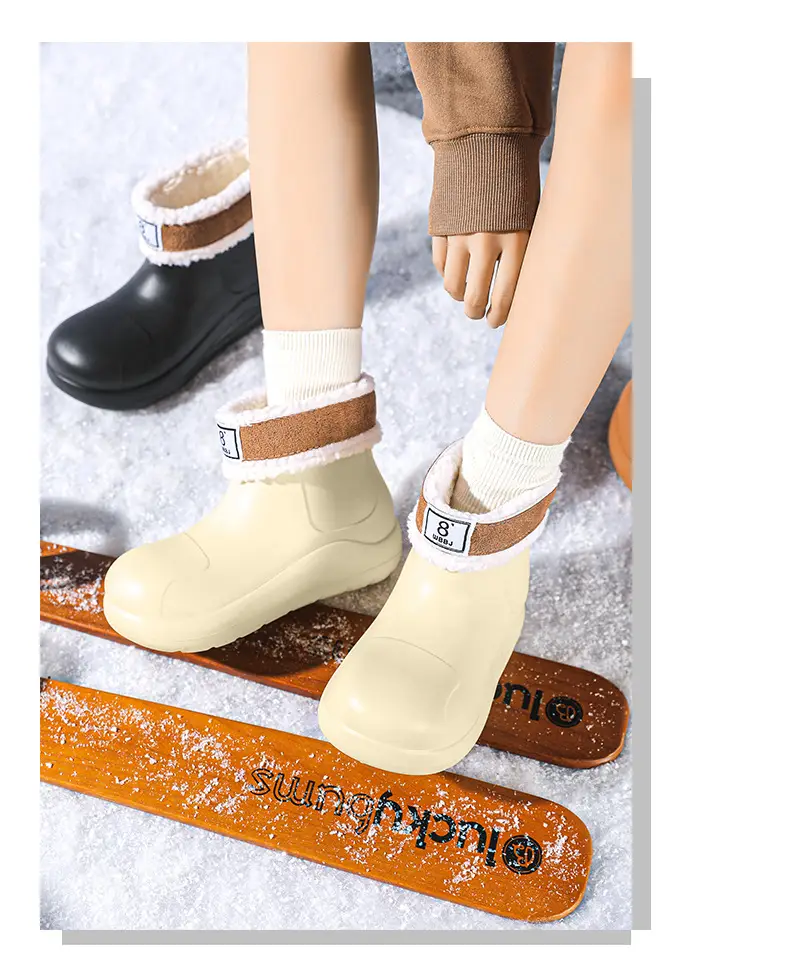 New cross-border women's all-match mid-barrel rain boots waterproof thick-soled rain shoes simple fleece-lined warm non-slip shoes work shoes — feature 12