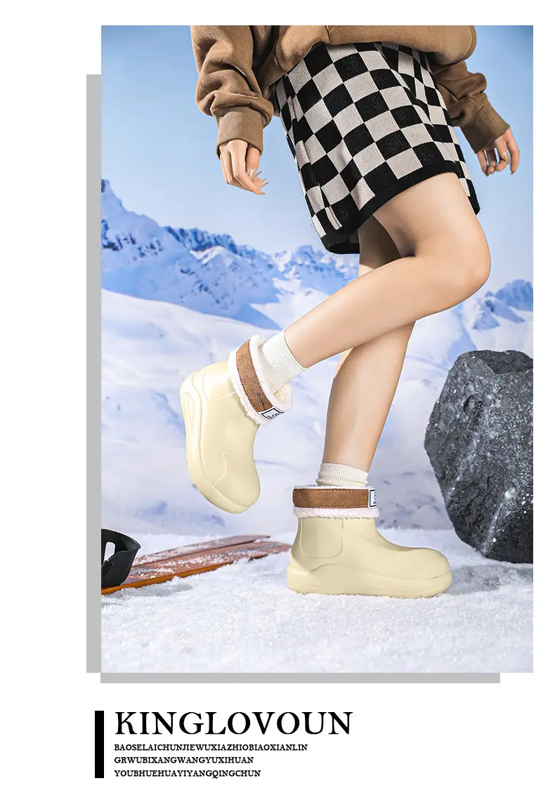 New cross-border women's all-match mid-barrel rain boots waterproof thick-soled rain shoes simple fleece-lined warm non-slip shoes work shoes — feature 13