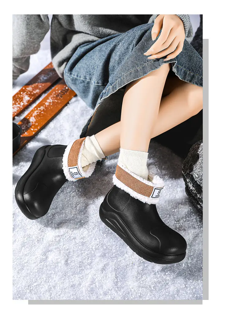 New cross-border women's all-match mid-barrel rain boots waterproof thick-soled rain shoes simple fleece-lined warm non-slip shoes work shoes — feature 14