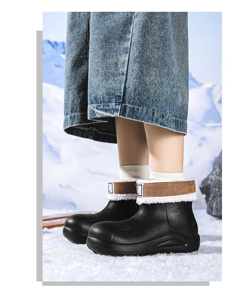 New cross-border women's all-match mid-barrel rain boots waterproof thick-soled rain shoes simple fleece-lined warm non-slip shoes work shoes — feature 15
