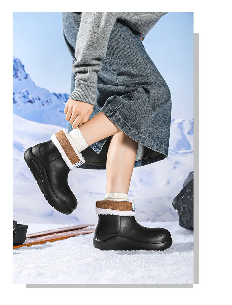 New cross-border women's all-match mid-barrel rain boots waterproof thick-soled rain shoes simple fleece-lined warm non-slip shoes work shoes — feature 16
