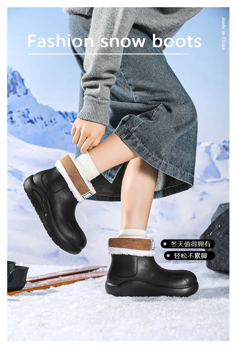 New cross-border women's all-match mid-barrel rain boots waterproof thick-soled rain shoes simple fleece-lined warm non-slip shoes work shoes — feature 2